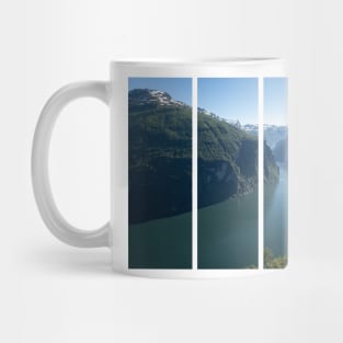 Wonderful landscapes in Norway. Vestland. Beautiful scenery of Geiranger Fjord from the Ornesvingen viewpoint. Snowed mountains, trees and waterfalls Mug